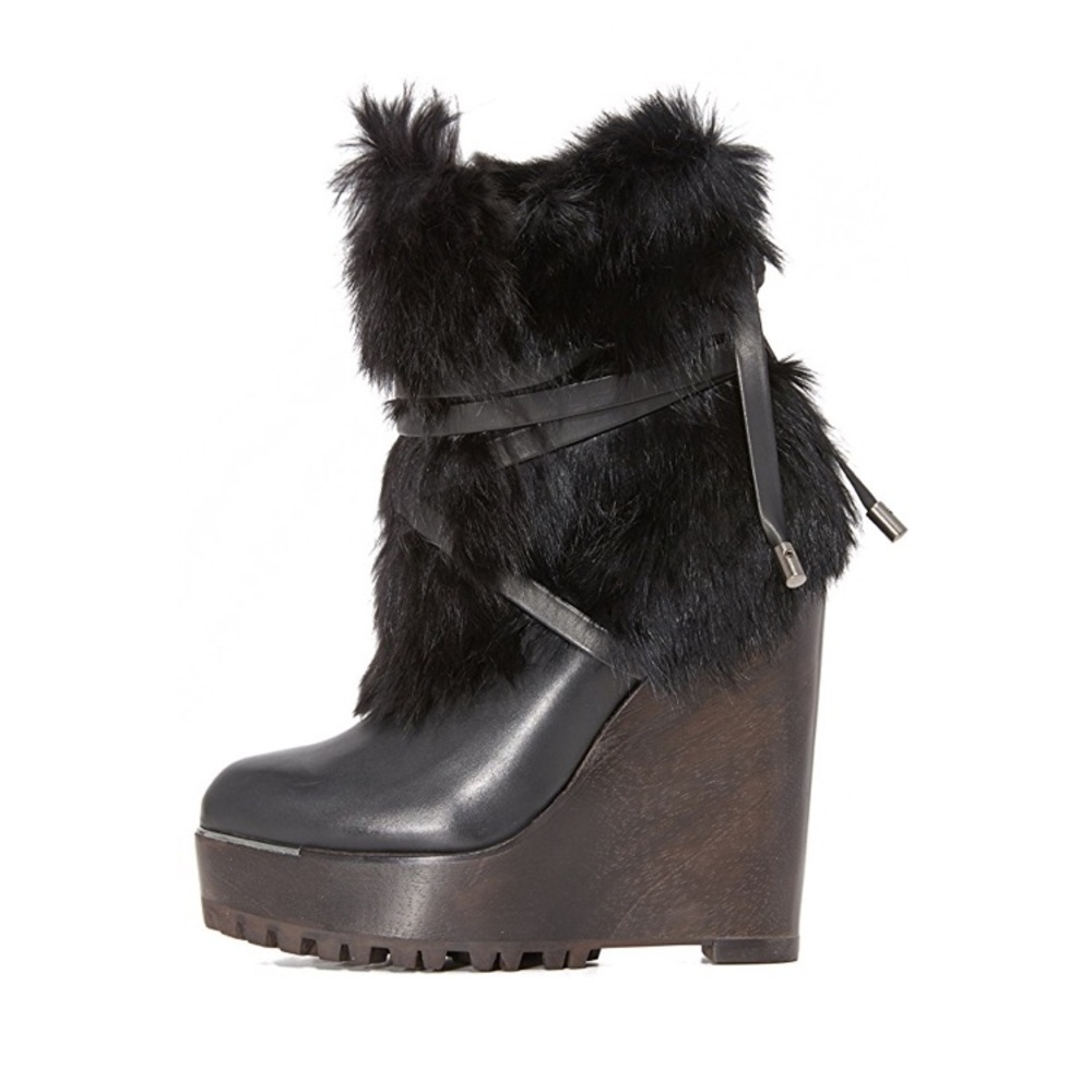 Rachel Zoe Black Faux Fur Platform Wedge Booties